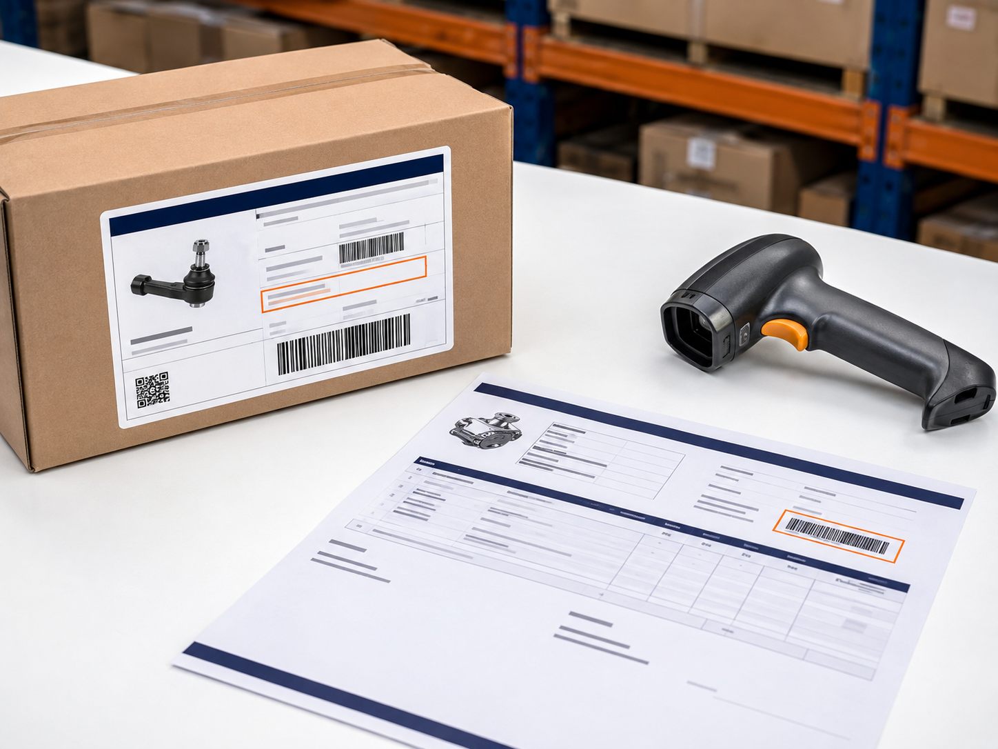 Part number areas on an auto-parts box and purchase document