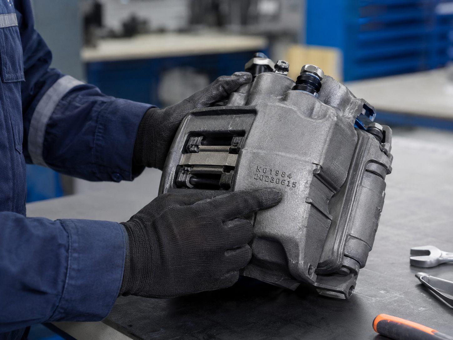 Mechanic locating a stamped number on a removed brake component
